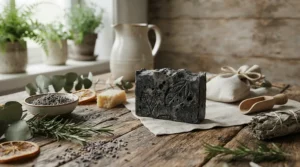 Natural coal tar soap for psoriasis resting alongside botanical ingredients on a wooden board.