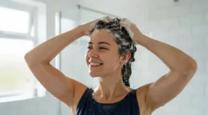 Applying coal tar soap for psoriasis lather to the head to soothe dry scalp irritation.