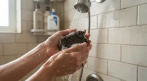 A person using coal tar soap for psoriasis during a relaxing morning shower in a modern bathroom.