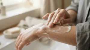 Gentle lather from coal tar soap for psoriasis being applied to dry skin patches on an arm.