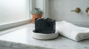 Dermatologist recommended coal tar soap for psoriasis displayed neatly on a marble bathroom vanity.