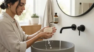 Person washing their hands at a modern bathroom vanity using a hydrating bar soap.