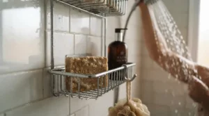 Drugstore hydrating bar soap placed on a chrome shower caddy with water droplets.