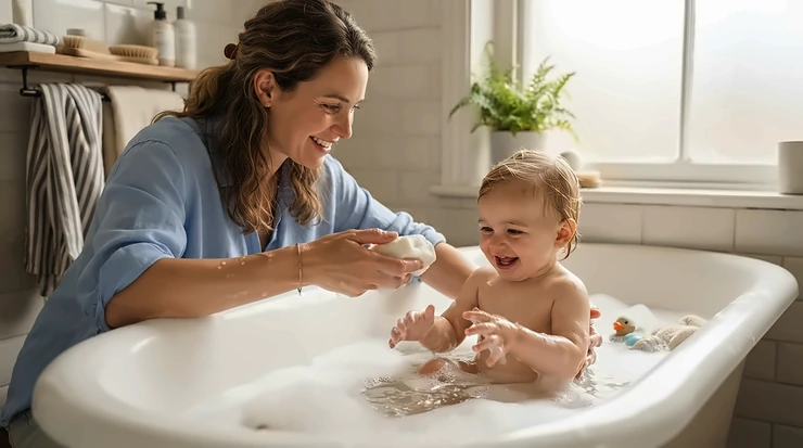 A gentle eczema bar soap for babies and toddlers held near a warm bathtub during a soothing evening bath routine.