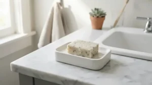 An eczema bar soap for babies and toddlers placed neatly on a soap dish next to a bathroom sink.