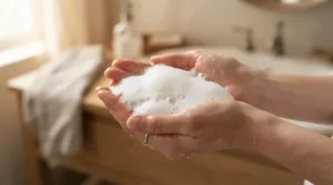 Soft bubbles created by an eczema bar soap for babies and toddlers during a relaxing nursery bath.