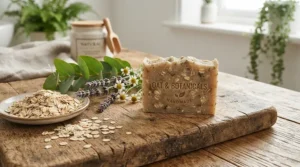 Organic eczema bar soap for babies and toddlers surrounded by natural soothing oat and shea butter ingredients.