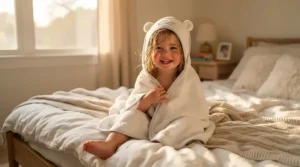 A toddler smiling after being washed with a nourishing eczema bar soap for babies and toddlers.