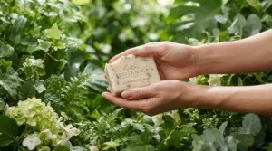 Nourishing hydrating bar soap held gently against a background of green botanical leaves.