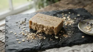 An organic hydrating bar soap infused with oats on a slate tile background.