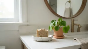 Psoriasis bar soap for flare-ups placed neatly on a soap dish by a bathroom sink.