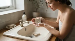 Applying psoriasis bar soap for flare-ups as part of a calming evening skincare routine.