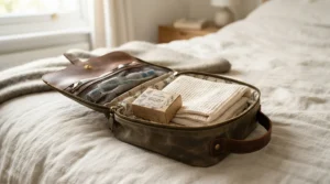 Packing psoriasis bar soap for flare-ups into a travel pouch for a weekend trip.