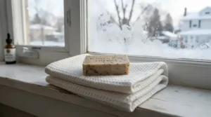A gentle hydrating bar soap sitting on a plush white towel during a cold winter morning.